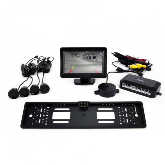 Parkolássegítő TFT01 4,3" CAM-402 LED kamerával a rendszámtábla alatti tartóban, 4-érzékelős, fekete